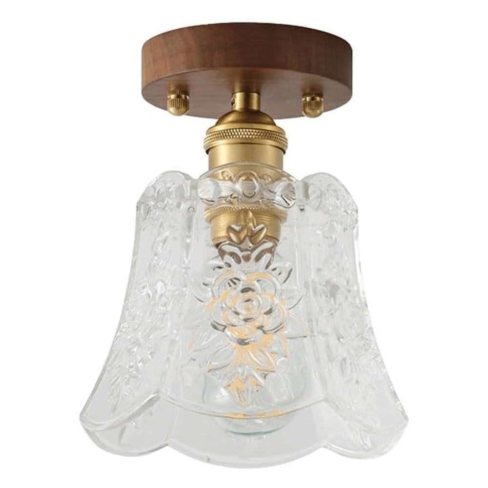 Plafonnier vintage en verre gravé et noyer pour couloir et entrée