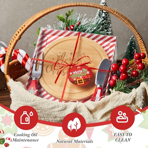 Ziliny Set de Tabla de Quesos Navideña y Cuchillo, Tabla Pequeña de Bambu Redonda para Servir con Diseño Festivo Rojo miniatura 3