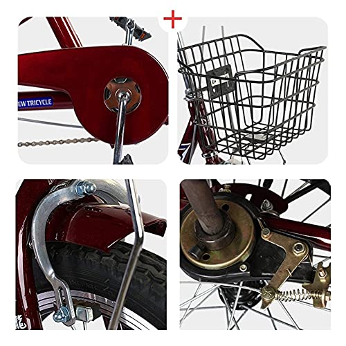 Triciclo adulto DINNA de 16 pulgadas, velocidad única, con asiento trasero y canasto para carga, altura ajustable, capacidad de carga de 200 kg, para mujeres y hombres, color rojo vino miniatura 7