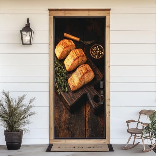 3D Door Sticker Fried Salmon Fillet Steaks Wooden Board Thyme Dark Wooden Top View Door Decal Peel and Stick Wallpaper Self-Adhesive Removable Mural Vinyl Stickers Poster Home Decor 30.3