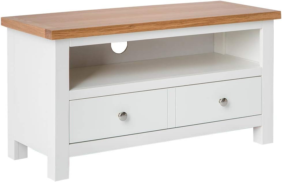 Farro White Small TV Unit for Living Room | Roseland Furniture Fully Assembled 90 cm Painted Solid Wood Television Cabinet Stand with Oak Top Suitable for TVs up to 40 inches