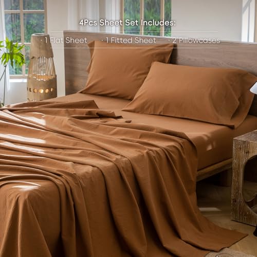 Image of MooMee Sheet Set 100% Washed Cotton Linen-Like Extra Deep Pocket Full | Relaxed Linen-like Texture. Soft, Breathable & Lightweight Comfort. 15-19 inch Extra Deep Pocket with All-around Elastic