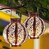 MAGGIFT 2 Pack Hanging Solar Lanterns Retro Solar Lights with Handle, Outdoor Solar Garden Lights Decor for Yard Tree Fence Patio 6 Lumens, Brown