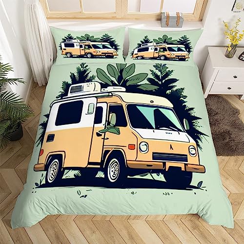 Camping Wohnmobil Motiv Bettwäsche 135x200 cm Weiche Mikrofaser Karikatur Bettwäsche-Set mit Reißverschluss 3 Teilig Bettbezug Set mit Kissenbezug 80x80 cm