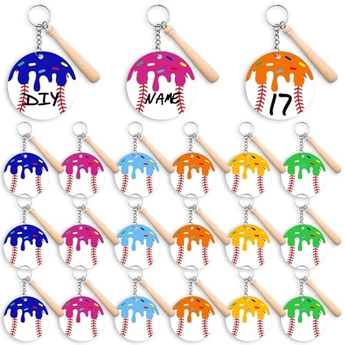 18 Set Ice Cream Drip Baseball Keychain with Mini Wooden Bat, DIY Acrylic Baseball Keychain Blanks...