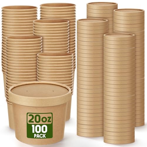 Image of Fulmoon 20 oz 100 Pack Paper Containers with Lids Soup Bowl Cup, Brown