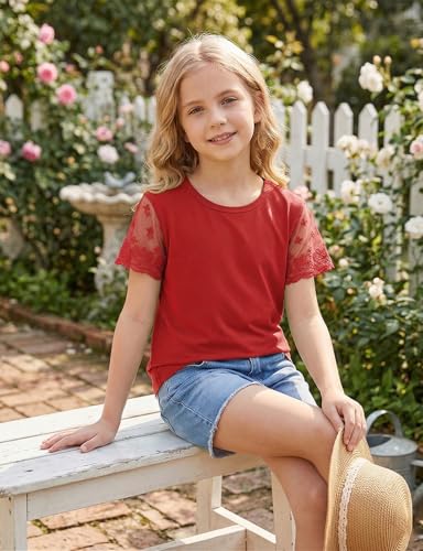 Image of Noomelfish Girls Lace Short Sleeve T-Shirts Kids Summer Cute Tops Blouse(5-12 Years)