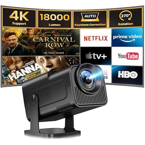 Allesin Mini Smart Projector with wifi and bluetooth, Full HD 1080P proyector 4K Supported 18000 Lumen, Auto Keystone Ceiling Projector Focu 270 Degree Rotation, Projector with Android11.0, Black Cover