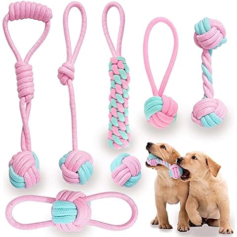 Itsforthedogs Puppy Chew Toys Puppy Chews From 8 Weeks Small Dog Rope Toy Puppy Teething Toys for Bored Dogs 7 Piece Set of Pink Soft 100% Natural Rope Cotton Rope Toys for Puppies Cover
