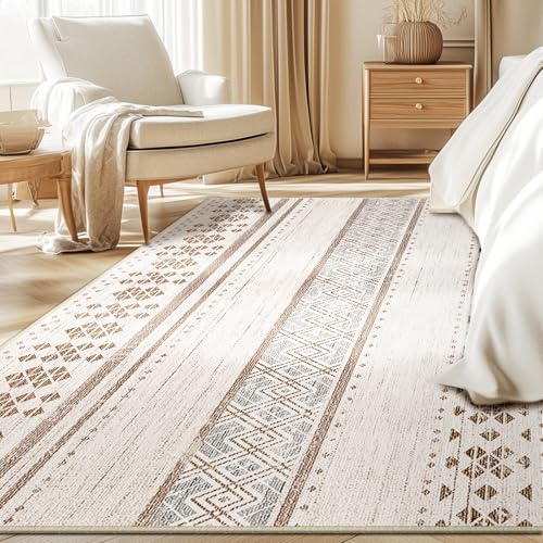 BESTSWEETIE 5x7 Area Rugs for Living Room Washable Moroccan Farmhouse Neutral Geometric Low Pile Non-Slip Soft Print Pattern Rug for Bedroom Kitchen Dining Room Entryway Cream/Brown/Pink - Image 9