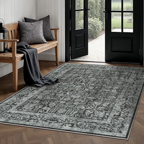 HUGEAR Vintage Tiefschwarz Waschbarer Teppich im Eingangsbereich 60x90cm fußmatte badezimmerteppich Weich rutschfest Retro Kleiner Tepich Kurzflor Bad Schlafzimmer Carpet Bedroom Akzent | Du