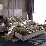 Fish and Hunt Sheet Set Hunter Bed Sheets for Kids Boys Girls Antlers Bed Set Fishing Rod and Guns Wooden Texture Bedding Sheets 1 Bed Sheets with 2 Pillowcases King Size