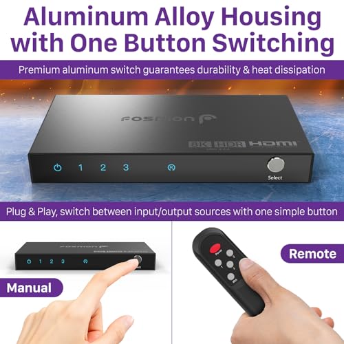 Image of Fosmon 3 in 1 Out 8K HDMI 2.1 Switch (8K@60Hz) with Remote 4K@120Hz 48Gbps | 3-port 8K HDMI switcher with IR remote supports high speed 48Gbps HDR10+ HDCP 2.3 splitter hub for PS5 Xbox PC laptop and TV.