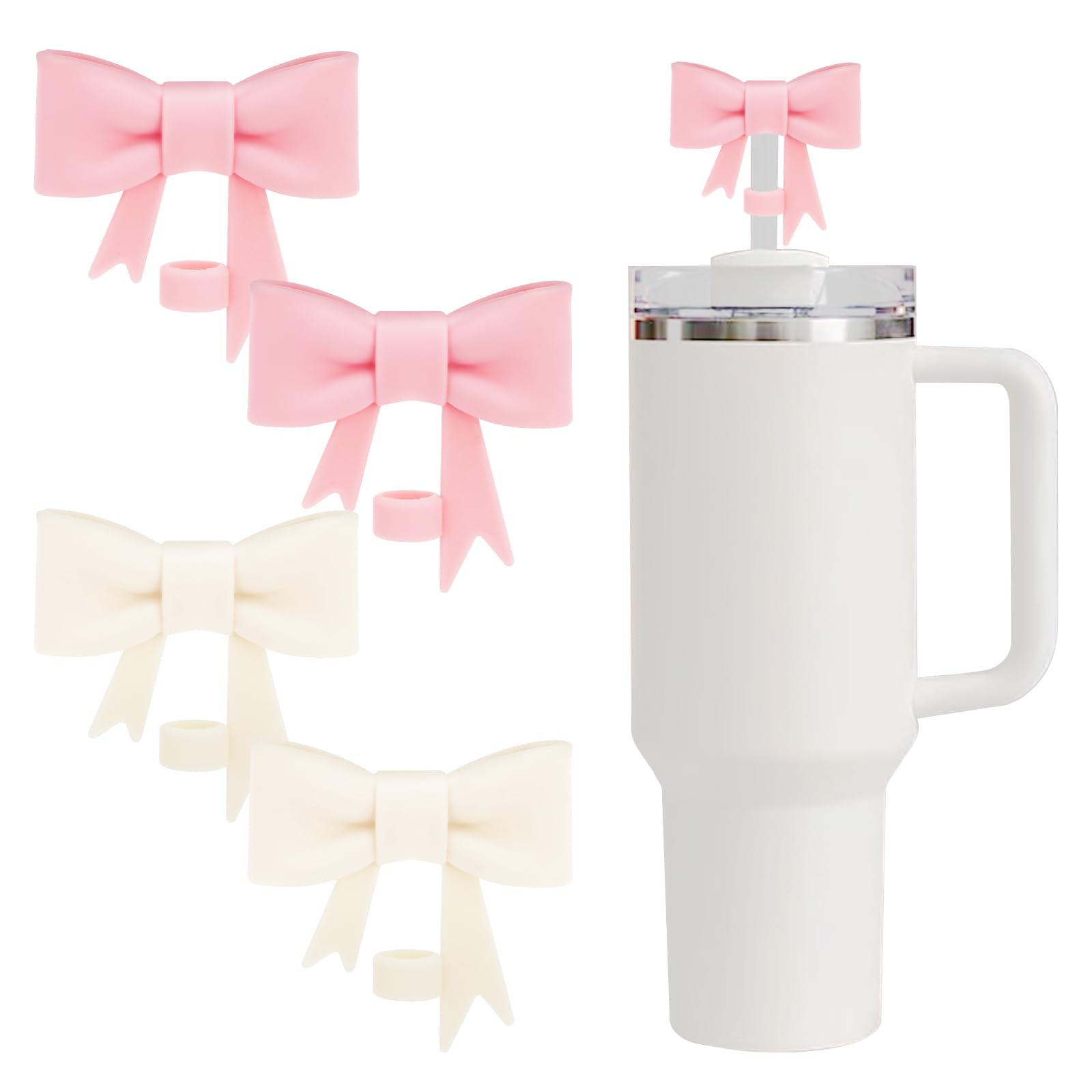 4 Pcs Pink & Beige Bow Straw Cover, 10mm Reusable Silicone Straw Toppers