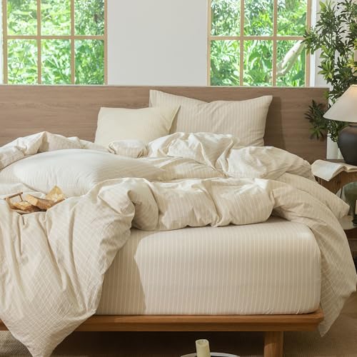 Image of MooMee Striped Duvet Cover Set 100% Washed Cotton Linen Like Oversized King | Relaxed Linen-like Texture. Soft, Breathable & Long-lasting Comfort. Lightweight. Hidden Zipper with 8 Interior Corner Ties