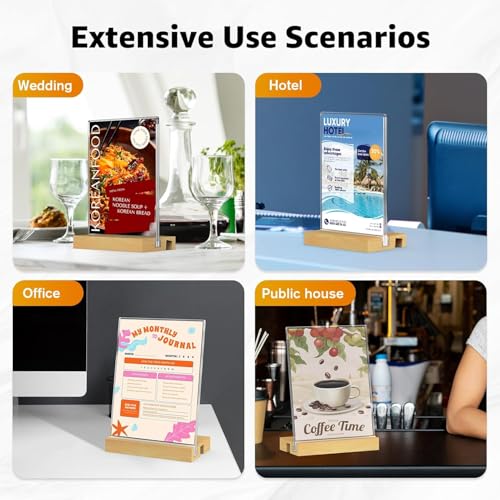 Image of DesiRang Acrylic Sign Holder with Wooden Base (5x7 in (A5), Straight /Slant placing, 2 side, Pack of 3) Clear Display Table Sign Picture Frame Flyer Menu Stand Office Wedding Restaurant Hotel Home