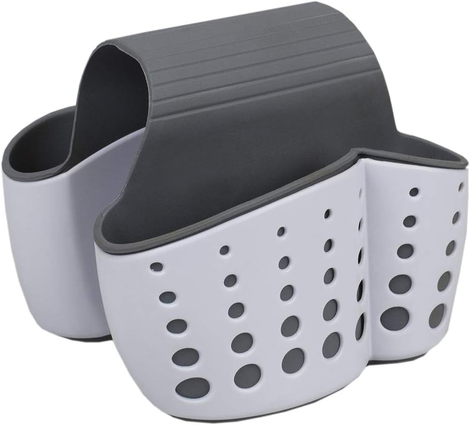 Home Basics Draining Dual Sink Saddle Sponge Holder Organizer for Double Sink, White/Grey