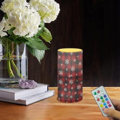 Image of Poceacles Flameless LED Candle Battery Powered Realistic Pillar Candle Decorative Tea Lights for Home Party Indoor Outdoor Christmas Decor, Snowflake Christmas Plaid Red Black