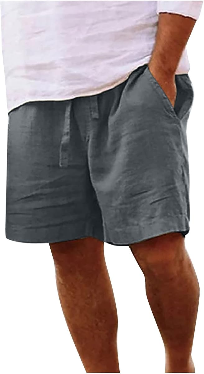 Men Linen Shorts Elastic Waist Drawstring Cotton Linen Shorts with Pockets Loose Fit Outdoor Summer Beach Shorts