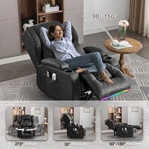 TUNYI Power Recliner Chair - Faux Leather Home Theater Seating Glider Reclining Sofa with Massage & Heat Swivel Rocker Recliner Chair for Living Room with LED Light/USB Port/Lumbar Pillow (Black) TUNYI Power Recliner Chair Faux Leather Home Theater Seating Glider Reclining Sofa with Massage Heat Swivel Rocker Recliner Chair for Living Room with LED LightUSB PortLumbar Pillow Black