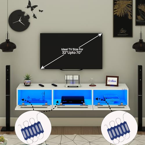 Image of Anikaa Rayza Wall Mount Modern Floating TV Unit for Living Room | 3 Closed Storage cabinets with hinged Door - 3 Blue LED Light | Ideal for UP to 65 Inch TV (White Finish - DIY Installation)