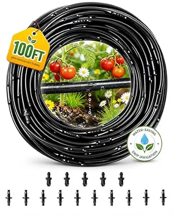 1/4 Inch Drip Irrigation Tubing 100FT with Built-in 0.5 GPH Emitters and Fittings