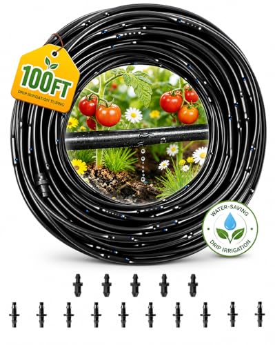 1/4 Drip Irrigation Tubing 100FT Dripline Tubing with 6 Inch Emitter Spacing Built-in 0.5 GPH Drippers 1/4 Irrigation Tubing Drip Line with Fittings and End Plugs for Raised Beds Garden Rows