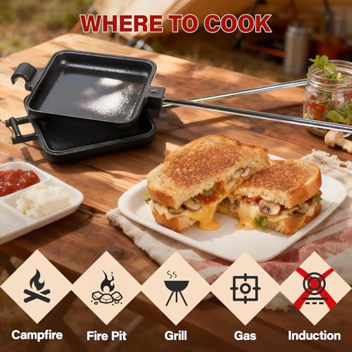 Image of Mountain Pie Maker Cast Iron, Campfire Pie Iron, Hobo Pie Maker for Camping, 2-Pack