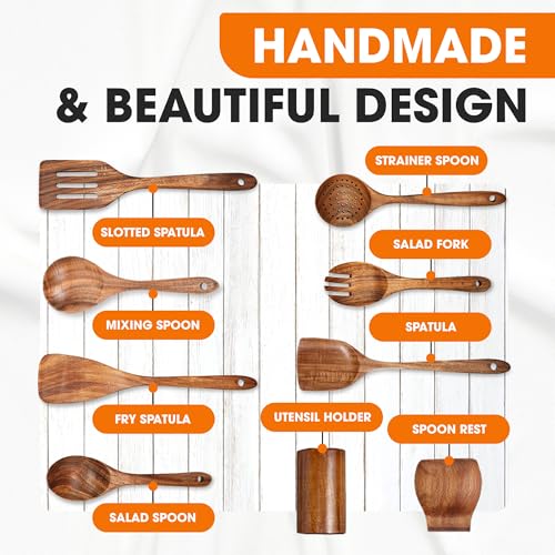 Cheer Collection Wooden Utensil Set - 9 Piece Cooking Utensils with Holder, Premium Taek Wood Spoons & Spatulas for Cooking, Heat Resistant, Non-Stick, and Safe Wooden Cooking Utensils by Cheer Collection - Used condition - Image 6