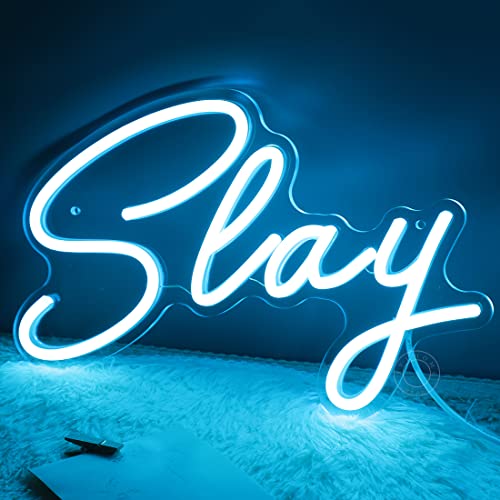 Image of SYLHOME Slay Blue LED Neon Light Sign Cool Boys Girls Preppy Bedroom Game Play Room Desk Wall Decor Sign Club Pub Bar Man Cave Game Center Birthday Decoration USB Night Light 11.8 inch X 8 inch