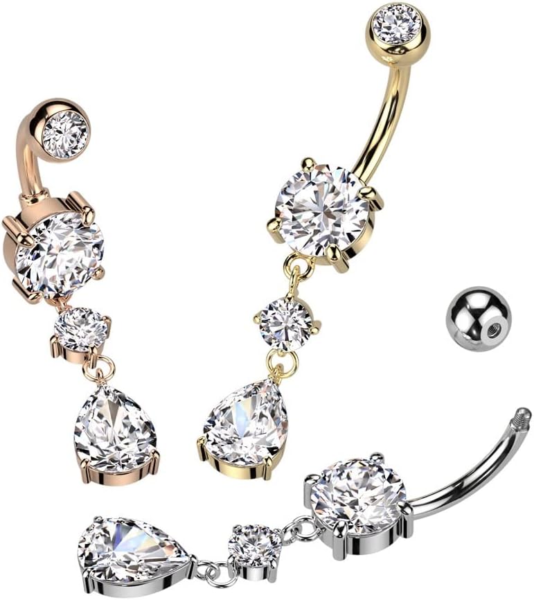 Pierced Owl 14GA 316L Stainless Steel CZ Crystal Tear Drop Dangling Belly Button Ring - Image 3