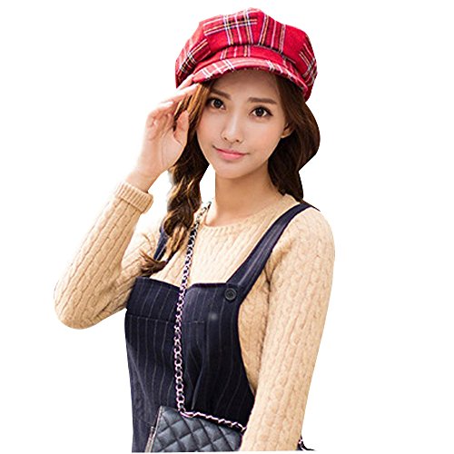 Tartan Plaid Print Newsboy Cap Grid Octagonal Cap Check Painter Cap Hat Beret, Red