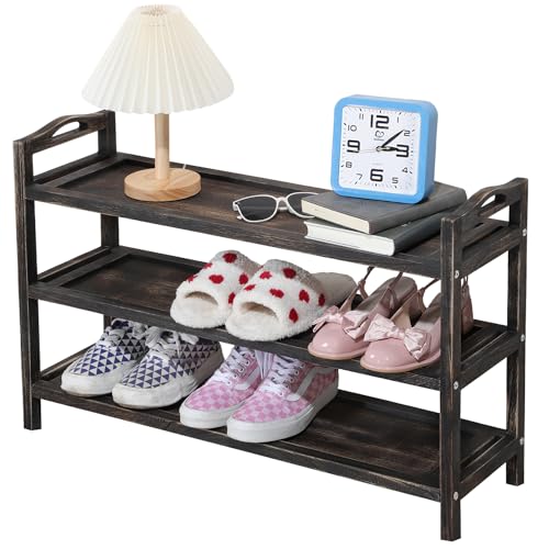 FEUFOAM Multi Tier Shoe Racks Wood Shoe Shelf 3 Tier Stackable Storage Shoe Organizer Adjustable Long Free Stand Shoe Rack for Closet Entryway Hallway Living Room Doorway Retro Black