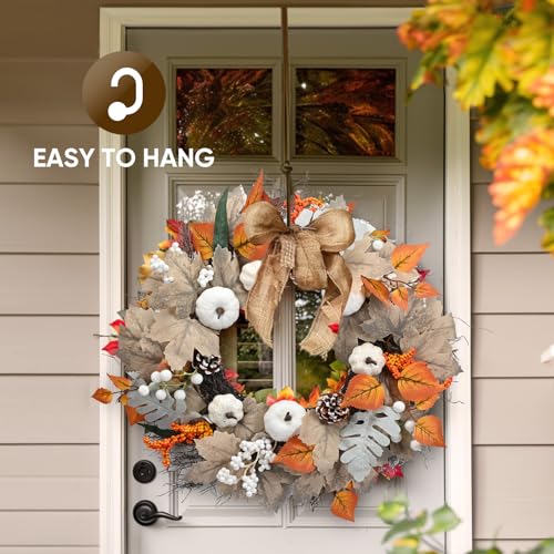 Autumn Wreath Front Door 19.6inch/50cm, Hanging Indoor Outdoor Fall Wreath with Leaves Berries and Pumpkin Harvest for Thanksgiving Harvest Festival Autumn Home Decoration(A) - Image 6