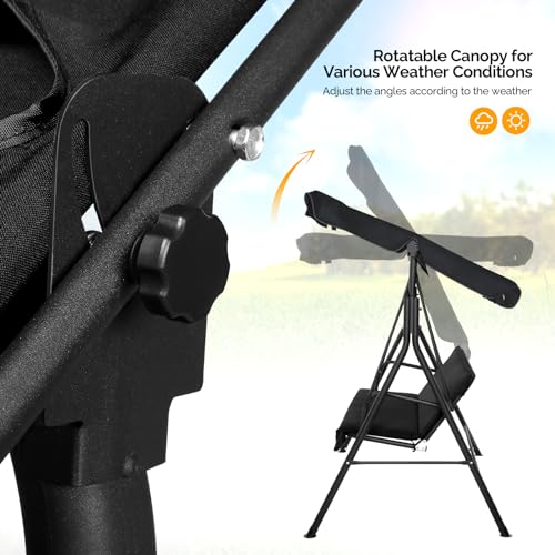 Image of VINGLI Heavy Duty 550 LBS Upgraded 2 Person Outdoor Porch Swing with Stand, Adjustable Canopy Swing with Cushions & Steel Frame for Yard, Pool, Lawn, Indoors (Black)