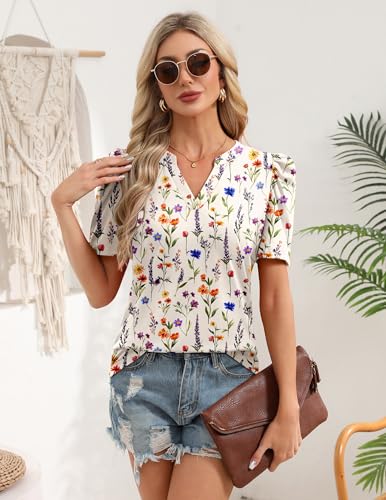 Image of Zeagoo Women Blouses Puff Short Sleeve Tops V Neck Dressy Casual Spring Shirts Boho Floral Cute Clothes 2026