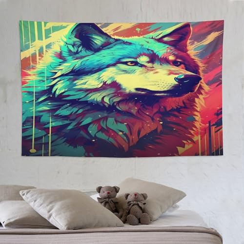Tenture murale loup tissu deco grand format 150x230 cm drap de decoration salon