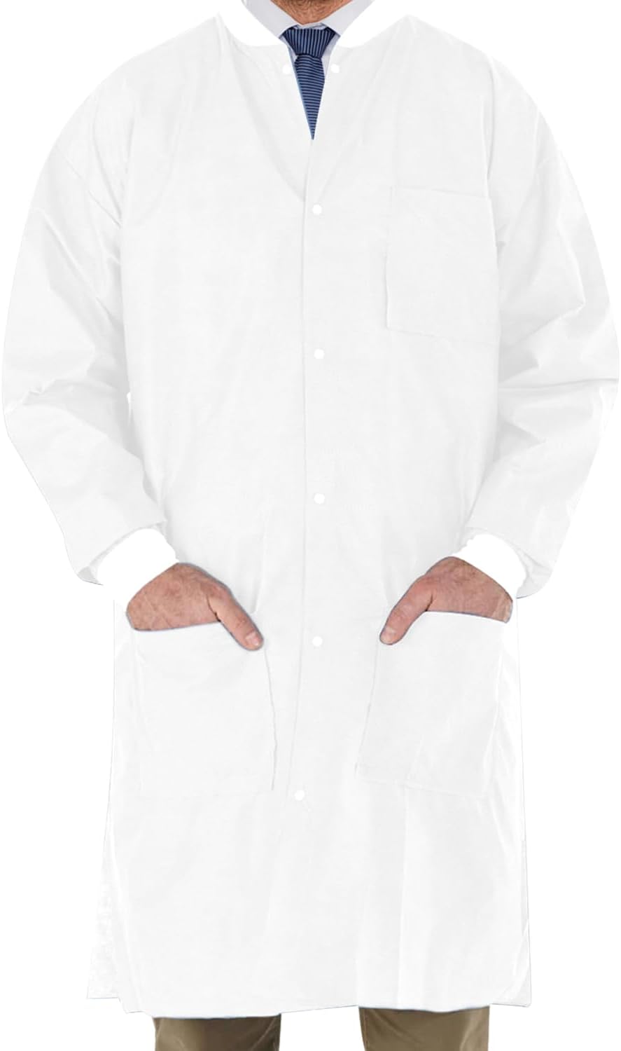 EOMDistributors High Performance SMS Disposable Lab Coat With Knit Cuffs and Collar, Thigh Length - White (30 Pack, Large)