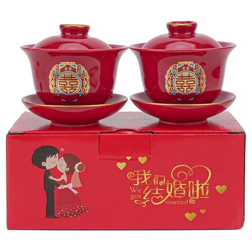 HannaFires Chinese Red Tea Cup Set, A Pair Wedding & Party Ceremony Supplies, Ceramic Double Happiness Cups, Traditional Wedding Party Décor, Kung Fu Tea Cup and Saucer with Lid, Fengshui
