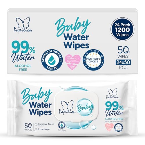 Image of PAPILION 99% Water Baby Wipes, Extra Large Diaper Wipes for Sensitive Skin, Fragrance-Free, Dermatologically Tested, Soft & Durable Fabric, Flip-Top Pack, Gentle Cleansing, 50 PCS X 24 Units