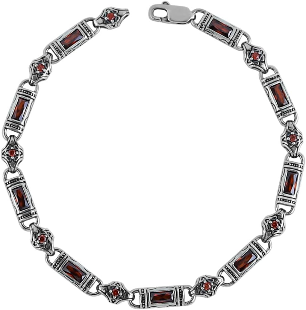 Men Silver Ruby Hand-Engraved Bracelet, Byzantine Chain Mens Ruby Link Chain Men Bracelet