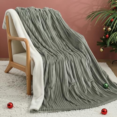 CURECURE Electric Heated Blanket Throw, Soft Ribbed Flannel and Sherpa Heated Blanket, 180 X 130cm, 6 Heat Settings & 1-10 Hours Automatic Timer, Home and Office Use, Machine Washable (Greyish Green)