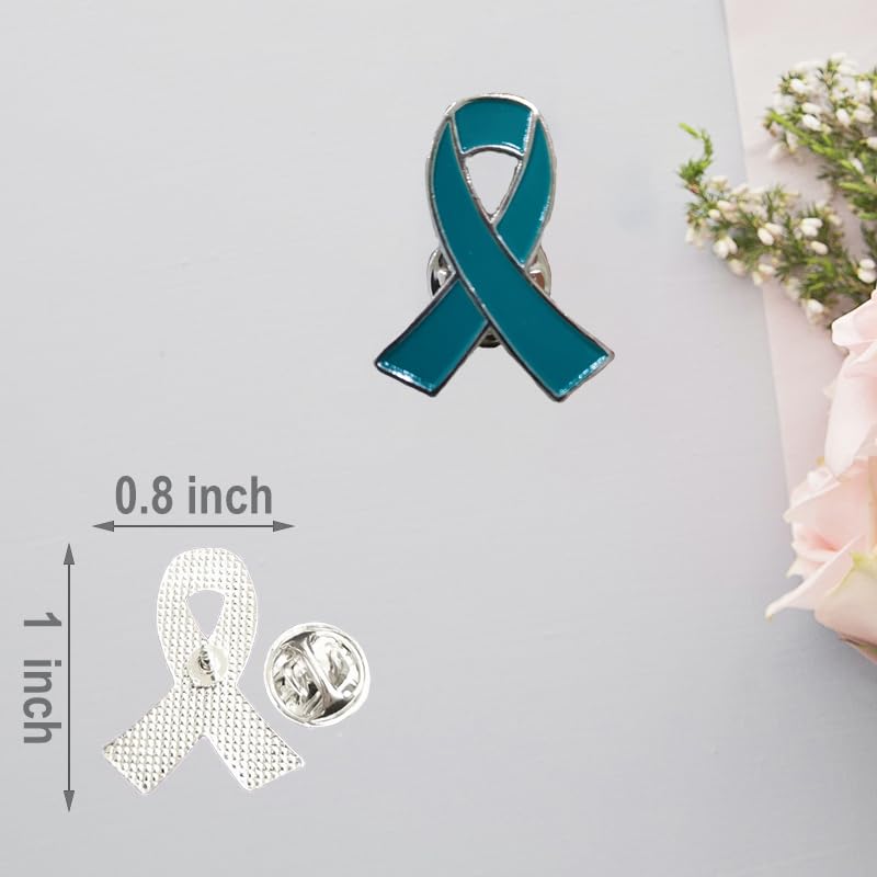 Image of 50 Pieces Teal Ribbon Pins Teal Awareness Lapel Brooches for Cervical Ovarian Cancer, Substance Abuse, Sexual Violence Awareness