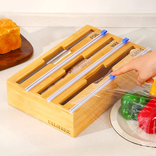 Calmbee Foil And Plastic Wrap Organizer, 3 In 1 Plastic Wrap Dispenser With Cutter, Plastic Wrap, Aluminum Foil, Parchment, Wax Paper Dispenser For Drawer, Bamboo Roll Organizer Holder, Fits 12" Roll #TOP3