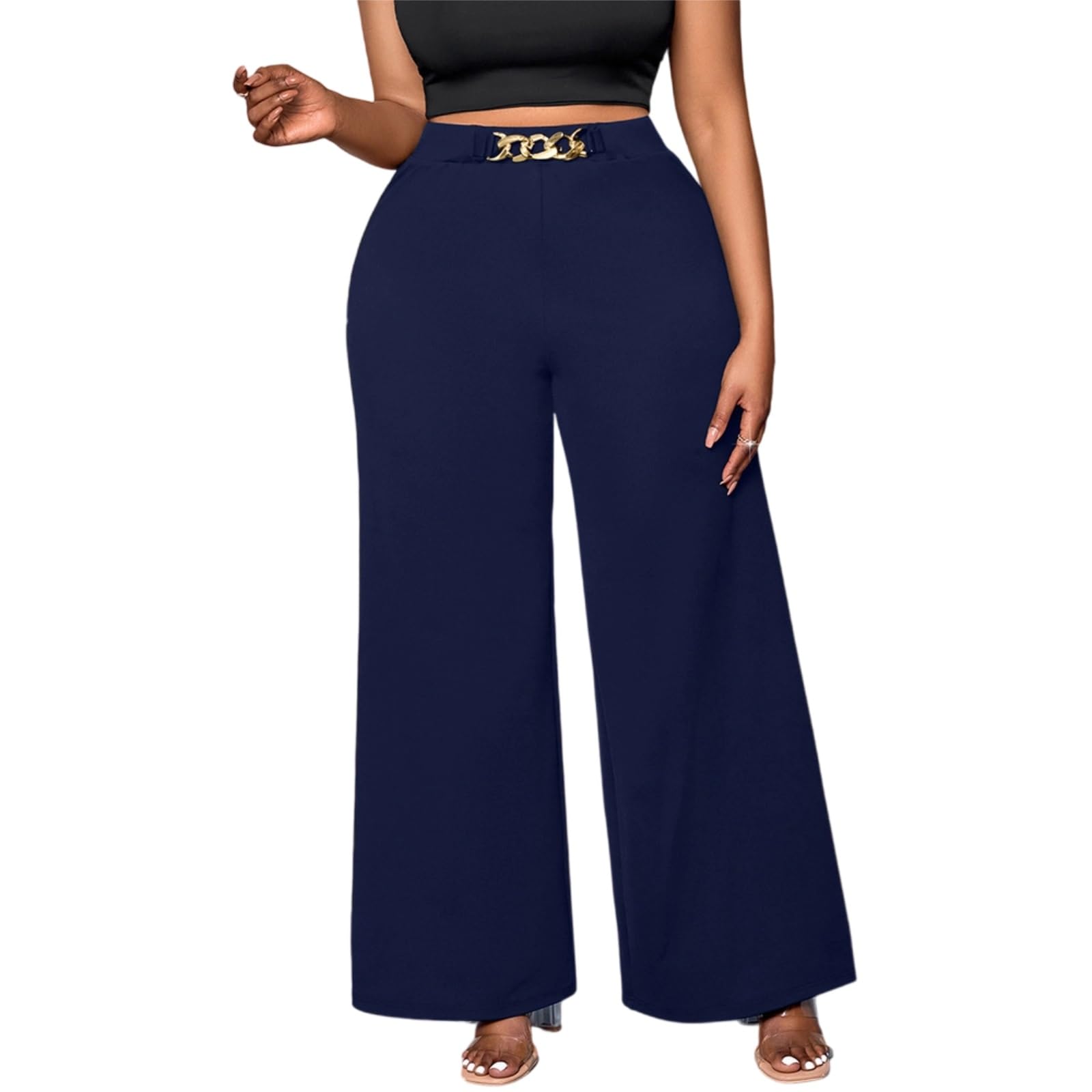 Women Plus Size Wide Leg Pants Casual Solid Metal Ring Stretch Elastic Waist Long Trousers for Daily Office
