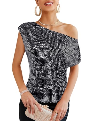 Image of GRACE KARIN One Shoulder Sequin Sparkly Tops for Women Ruched Asymmetrical Glitter Tops Slimming Sparkle Party Shirts