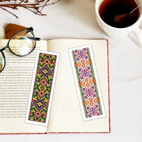 Image of INFUNLY 6PCS Colorful Flower Cross Stitch Bookmark Kit for Adults 8.66 inchx3.15 inch Plaid Flowers Ethnic Embroidery Bookmark Kit Geometric Pattern Counted Cross Stitch Kit with Instruction for Book Lovers