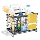 Orimade Spülbecken Organizer Utensilien Korb für küchen & Badezimmer mit Abflusspfanne, Klebstoff und Arbeitsplatte, Dual-Use Schwamm Bürste Seifenschale Halter SUS304 Edelstahl(Schwarz)