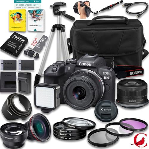 Canon EOS R10 Mirrorless Camera with RF-S 18-45mm f/4.5-6.3 is STM Lens + 128 GB Memory + Extra Battery + Camera Case + Tripod + More (29pc Bundle)