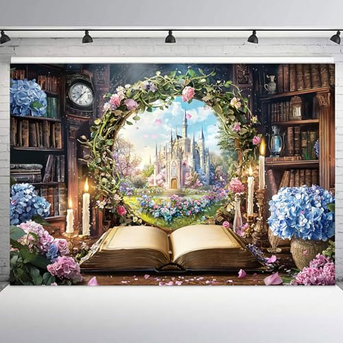 LB 10x8ft Fairy Library Photo Backdrop Vintage Bookshelf with Plant Pink Blue Floral Photography Backdrop Forest Garden Castle Background for Birthday Party Decoration Photo Booth Studio Props